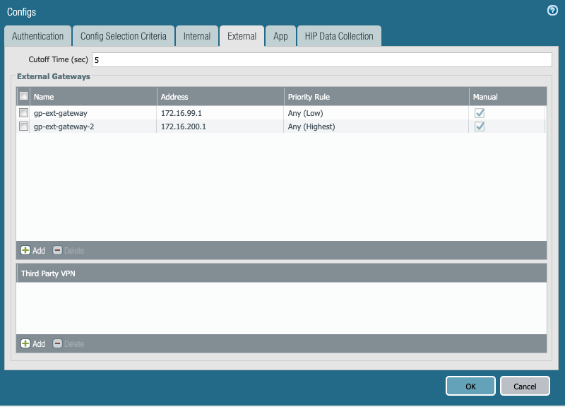 Screenshot displaying the Gateways and their respective priorities.