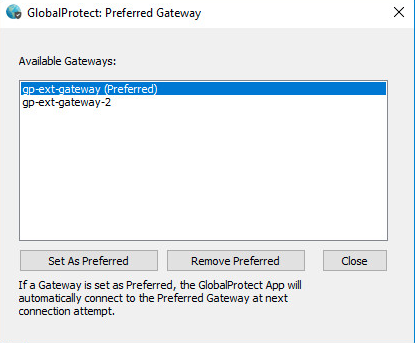 Screenshot displaying the Agent's preferred Gateway dialog box.