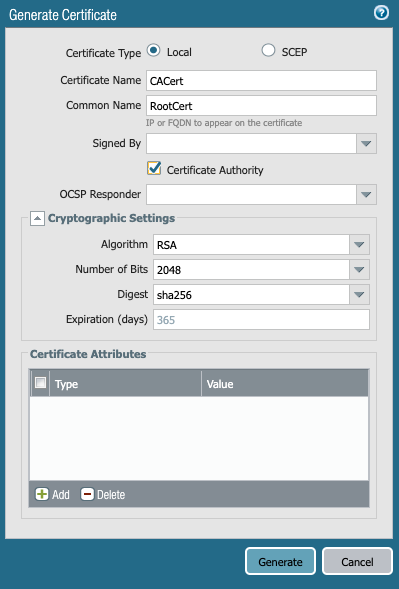 Snapshot of root CA certificate configuration