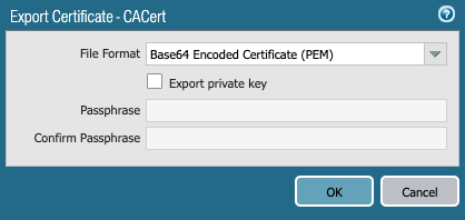 Snapshot of export certificate dialog box