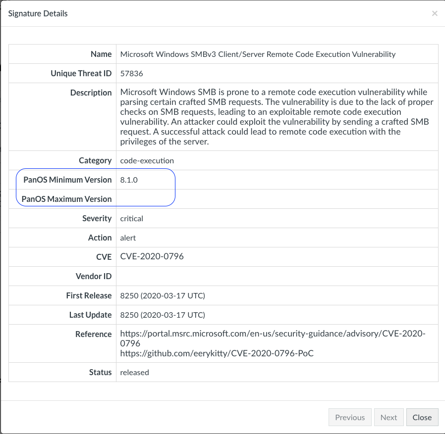 This image shows the pan-os version through threat-vault