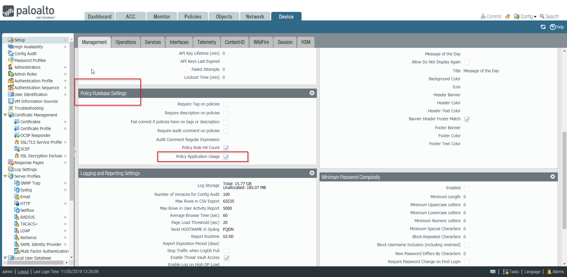 Palo Alto Networks Graphical User Interface on how to enable or disable Policy Optimizer