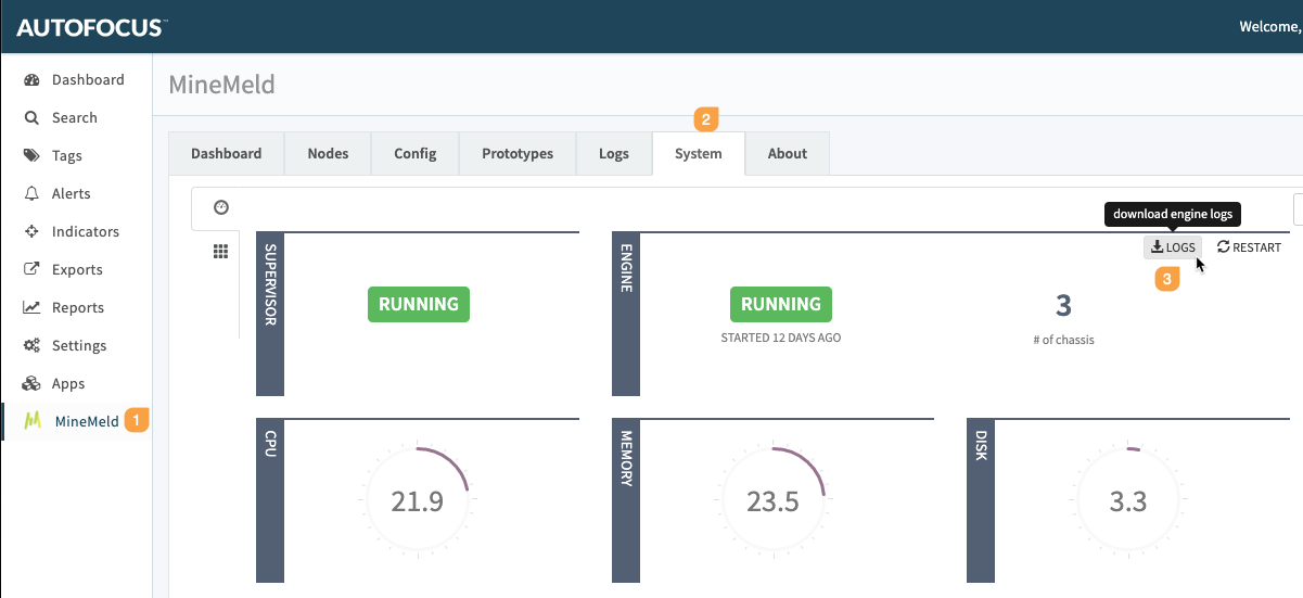 Download Minemeld engine logs
