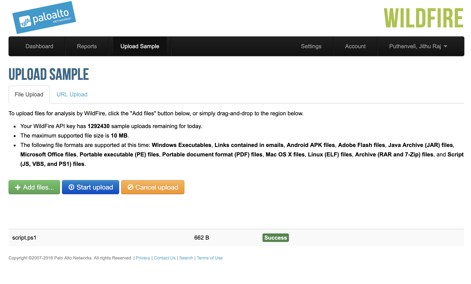 Screenshot of WildFire Upload Sample Successful