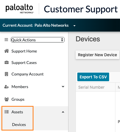 customer support portal navigation to assets then devices
