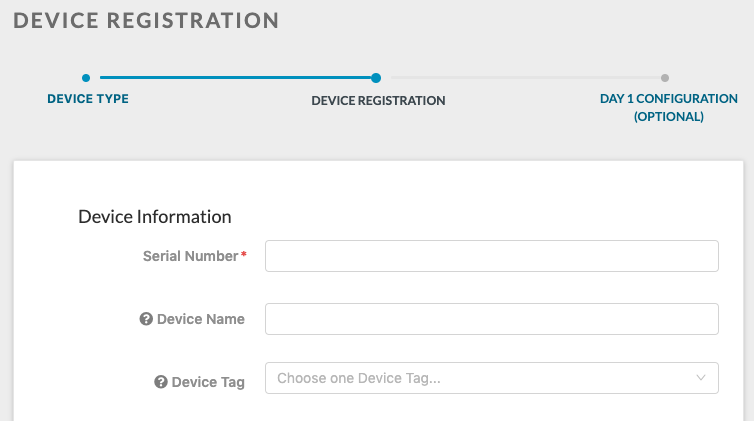 device registration serial number, device name, and device tag