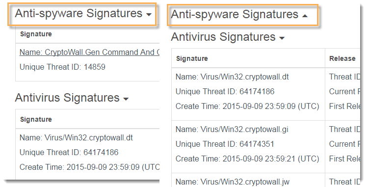 Screenshot of Anti-spyware Signatures ascending and descending