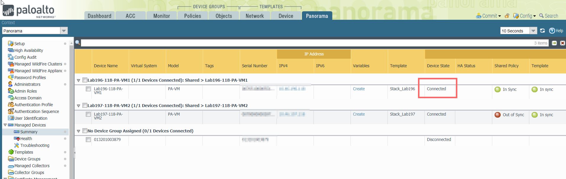 Where to go in Panorama to see the firewall as connected