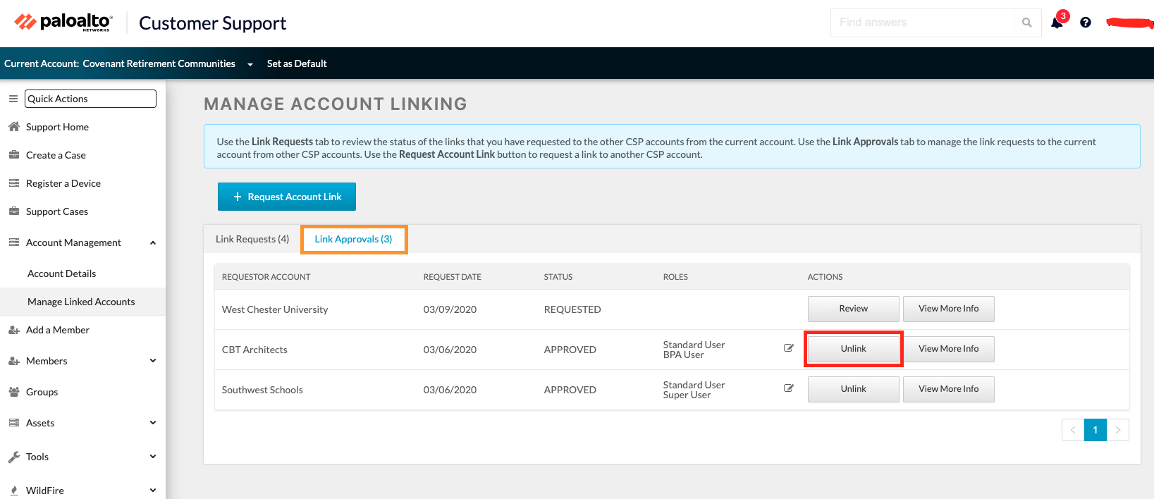 unlinking an account from the link approvals tab on the manage account ...