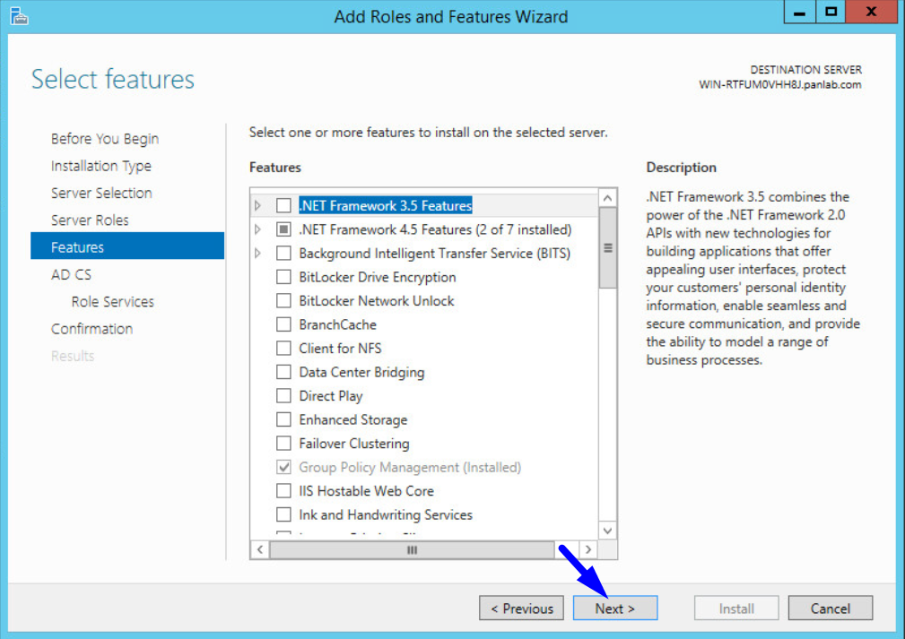add roles and features select features