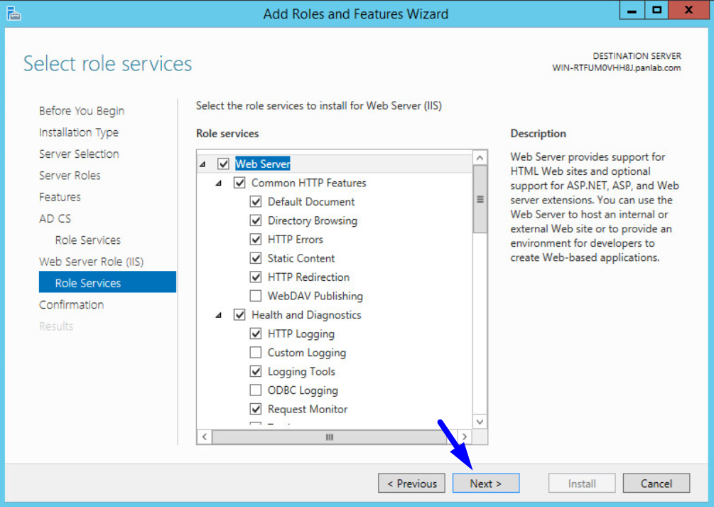 add roles and features select web server role