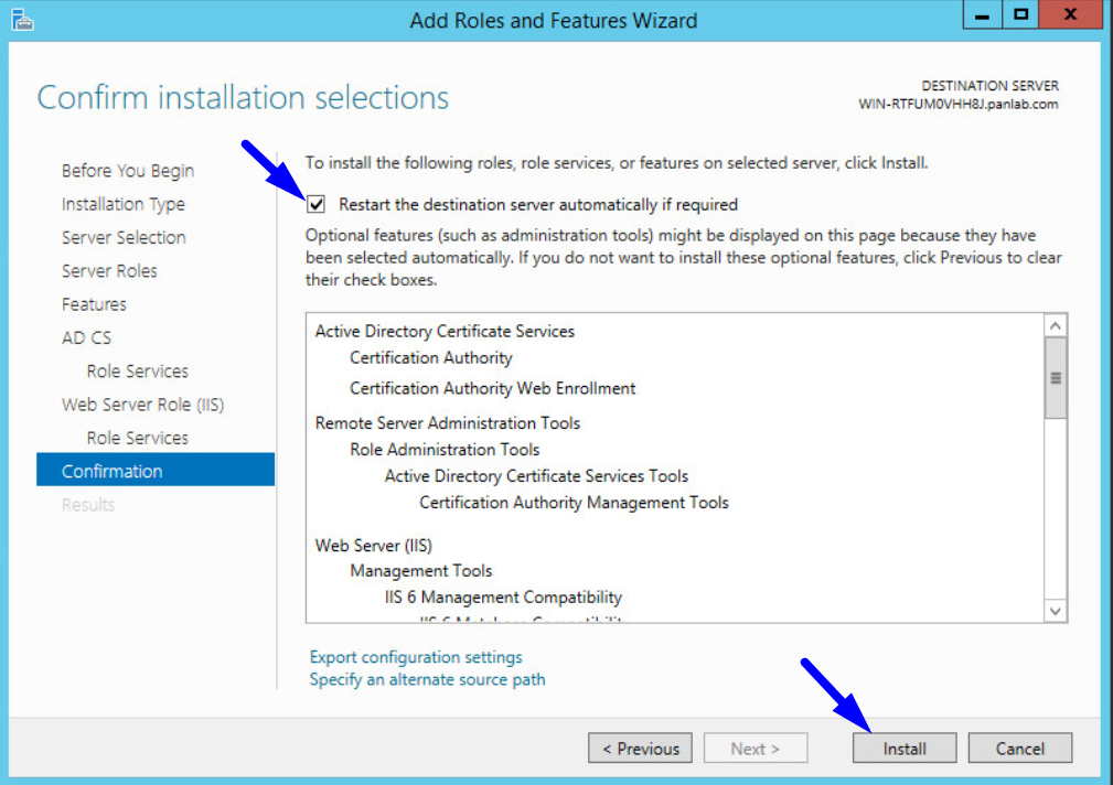 add roles and features confirm installation selections