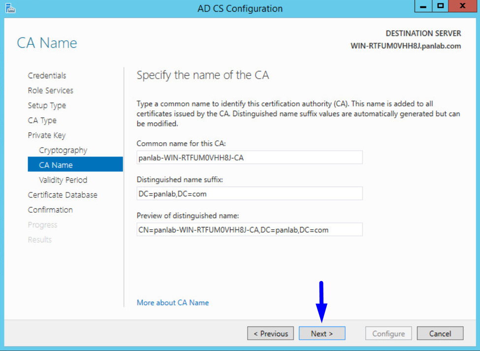 ad cs configuration private key ca name