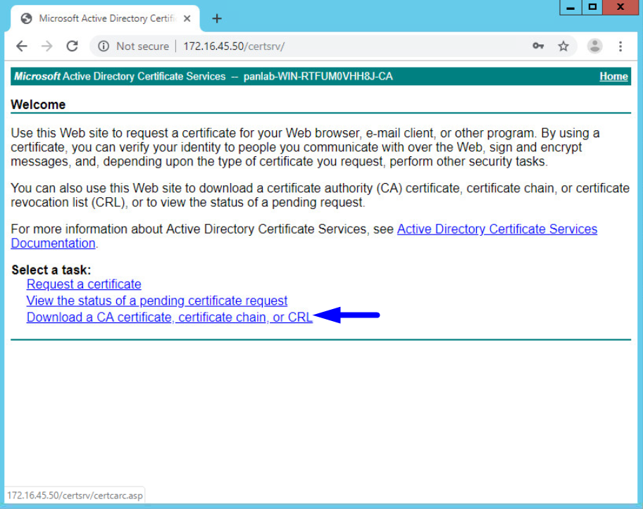 microsoft ad directory certificate services welcome download a ca certificate certificate chain or crl highlighted
