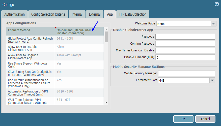 globalprotect portal configuration agent tab app tab connection method