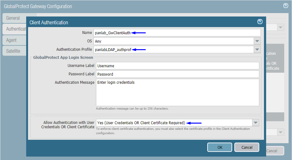 globalprotect portal configuration authentication tab client authentication