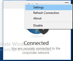 Screenshot displaying settings menu selection in GlobalProtect Agent.