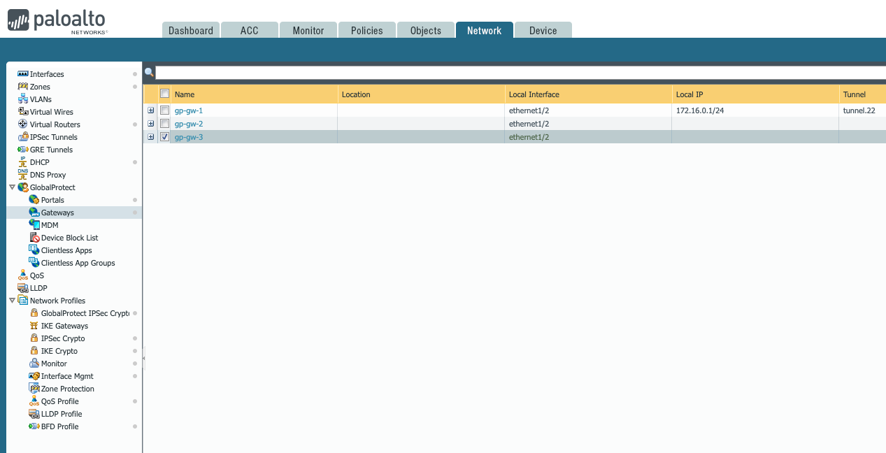 Screenshot displaying the list of configured Gateways inn GlobalProtect.
