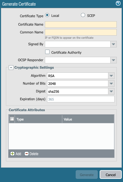 Screenshot displaying the Generate Certificate dialog box in the firewall GUI.