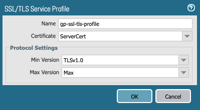 Screenshot displaying the SSL/TLS Service profile dialog box.