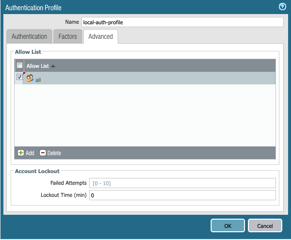 Screenshot displaying the Advanced tab for the Authentication Profile dialog box.