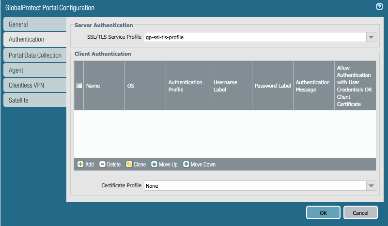 Screenshot displaying the Authentication tab of the GlobalProtect Portal dialog box.
