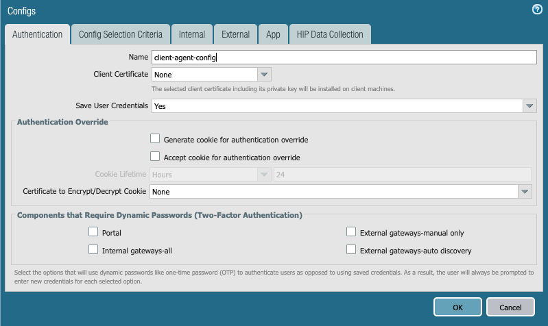 Screenshot displaying the client Agent config dialog box.