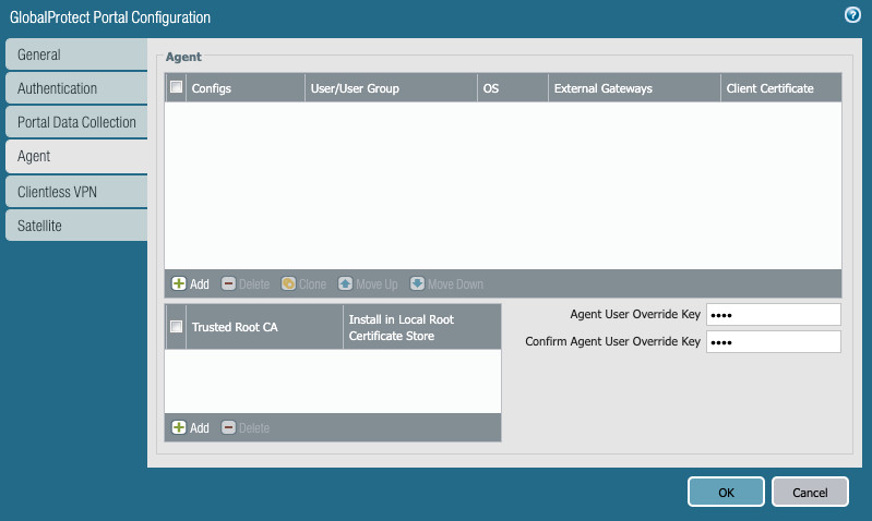Screenshot displaying the GlobalProtect Portal's Agent dialog box.