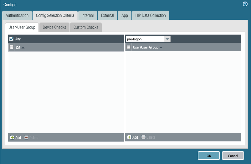 Screenshot displaying the GlobalProtect Portal User/User Group dialog box.