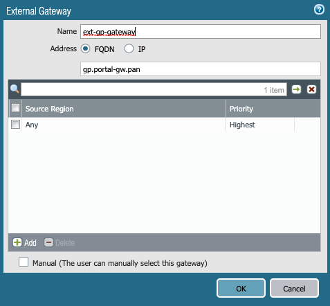 Screenshot displaying the External Gateway dialog box.