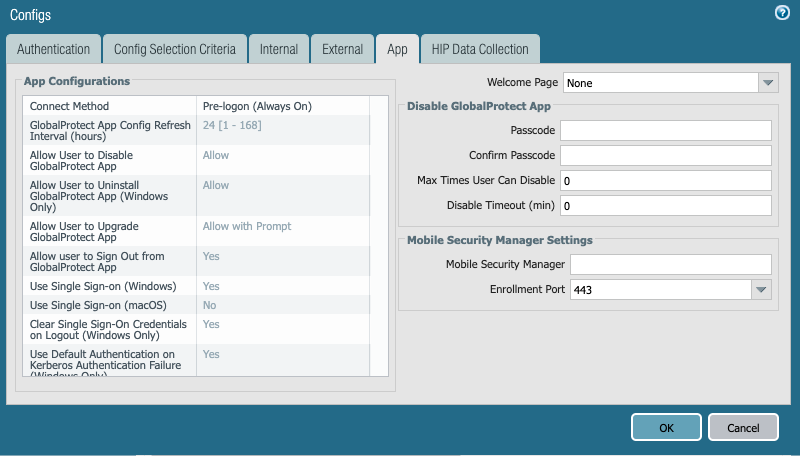 Screenshot displaying App tab within GlobalProtect Portal configuration.