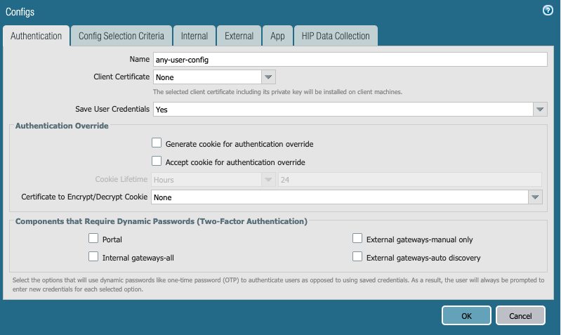 Screenshot displaying the Authentication Profile dialog box.