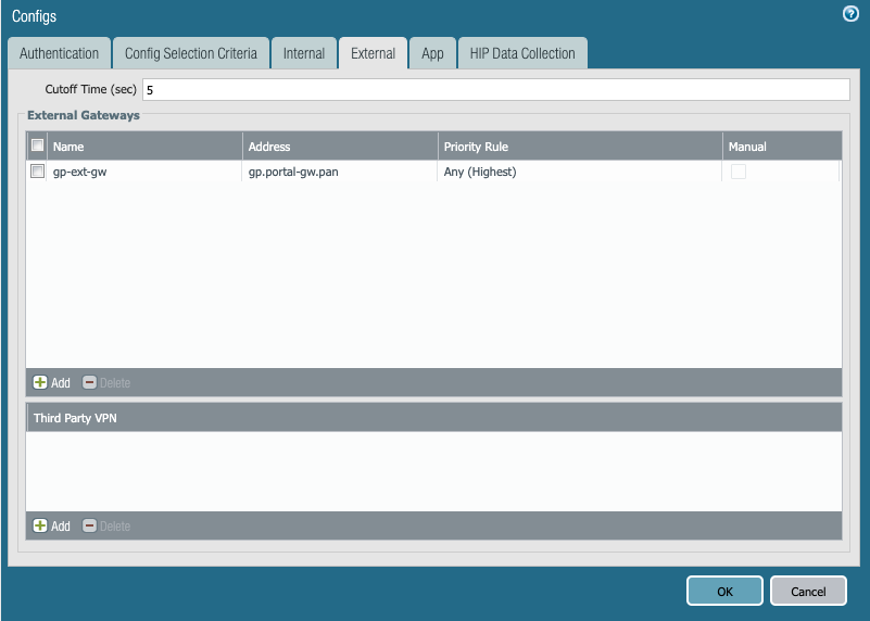 Screenshot displaying the External tab dialog box in GlobalProtect Portal configuration.