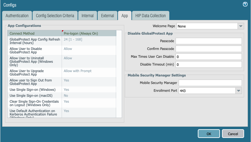 Screenshot displaying the App tab dialog box in GlobalProtect Portal configuration.