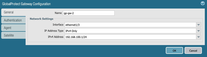 Screenshot displaying the GlobalProtect Gateway configuration dialog box.