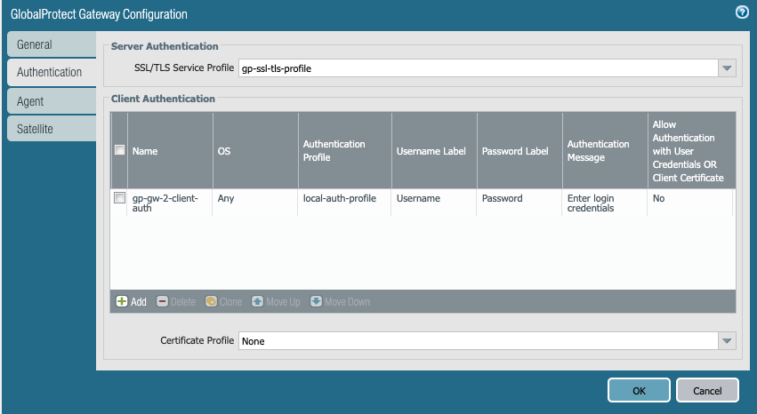 Screenshot displaying the GlobalProtect Gateway configuration dialog box Authentication tab.