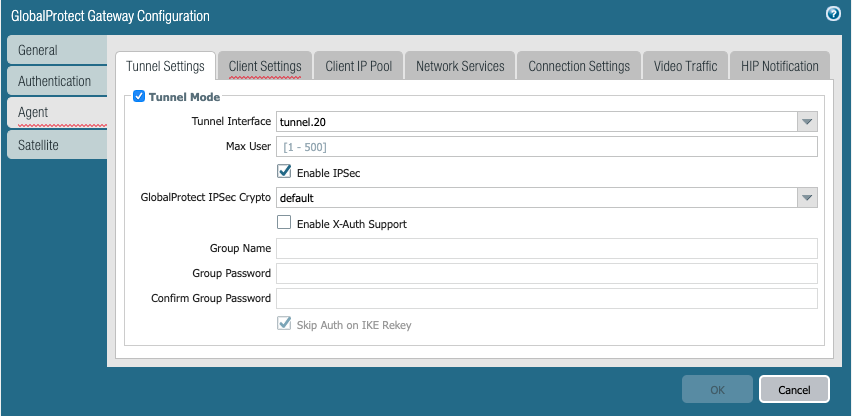 Screenshot displaying the GlobalProtect Gateway's Agent tab dialog box.