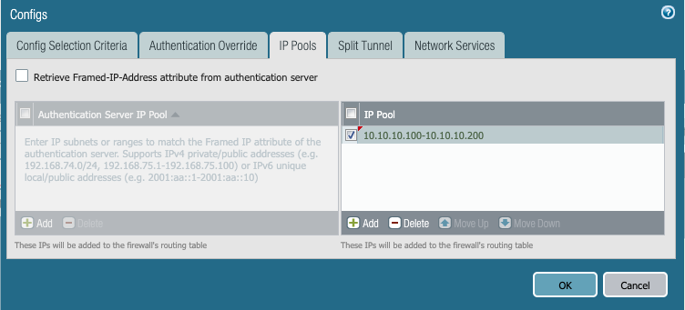 Screenshot displaying the GlobalProtect Gateway's Agent IP Pool dialog box.