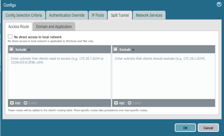 Screenshot displaying the Split Tunnel tab for the GlobalProtect Gateway dialog box.