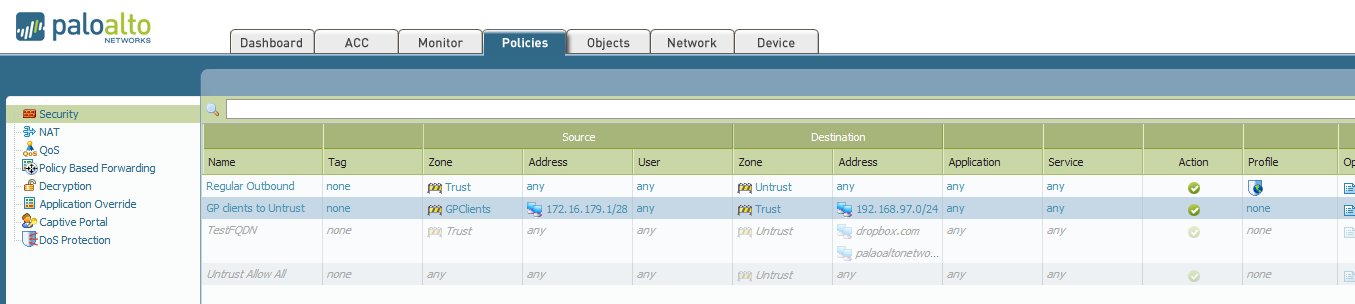 Screenshot of GlobalProtect Client zones Security