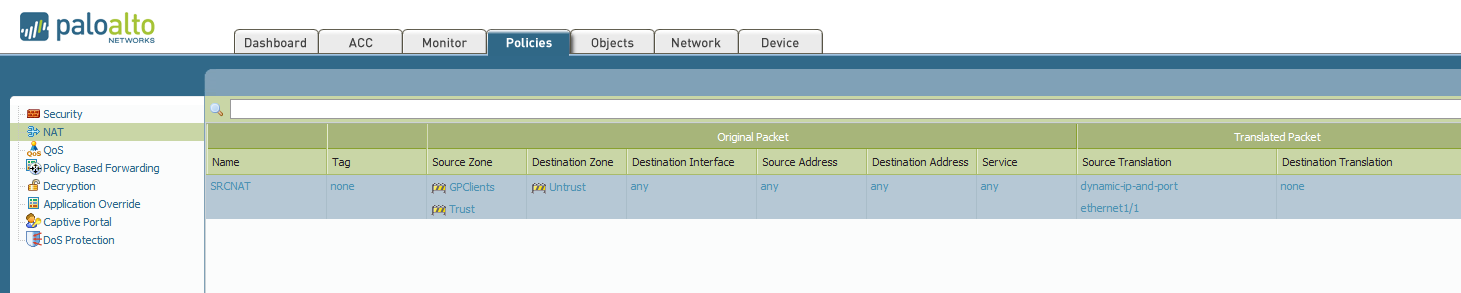 Screenshot of GlobalProtect client zones NAT