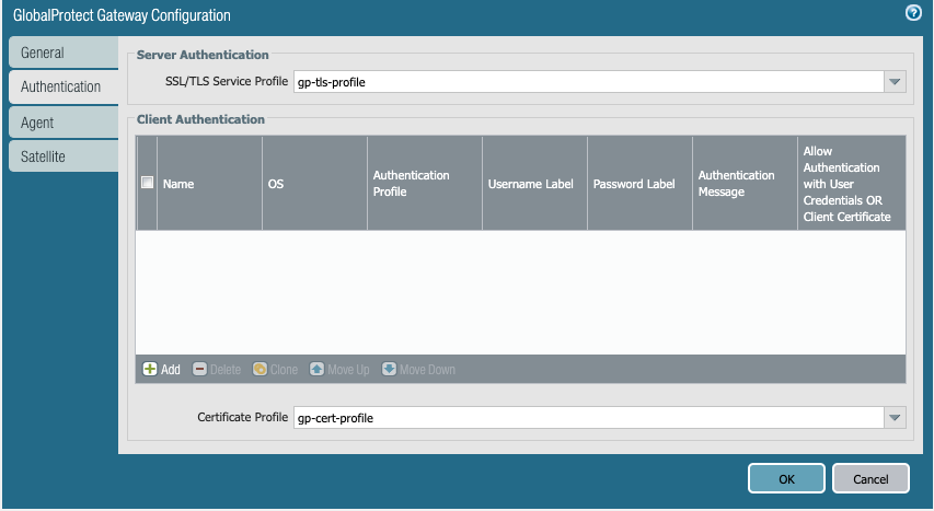 Screenshot displaying where to configure the Portal to use the Certificate Profile for Authentication without a client Authentication Profile configured.