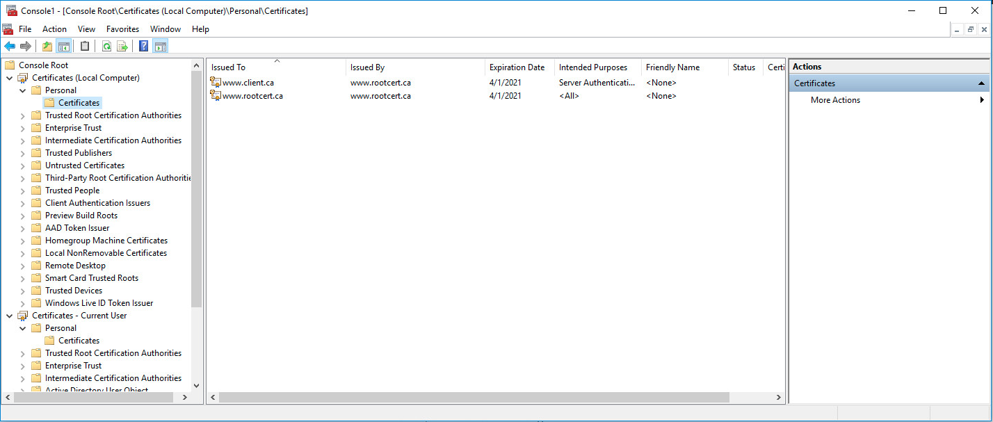 Screenshot displaying the root and client certificates installed on the endpoint's local store.
