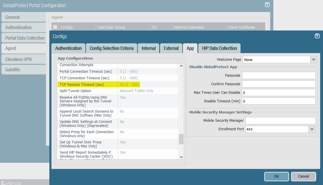 Portal App TCP setting