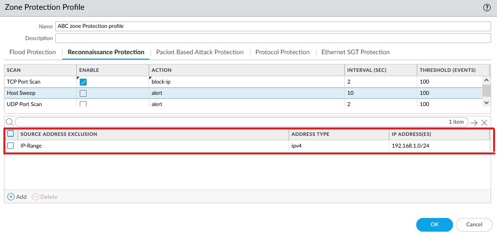 source address exclusion in the profile