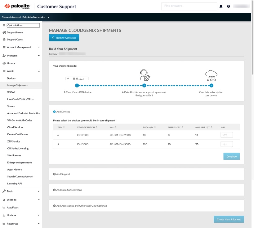 Select the type and quantity of device(s) to be shipped