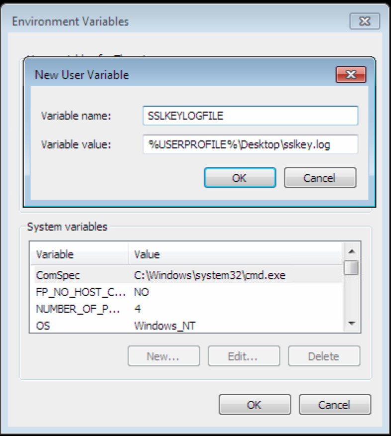 Nom variable: SSLKEYLOGFILE , Valeur variable: % USERPROFILE %\Desktop\sslkey.log