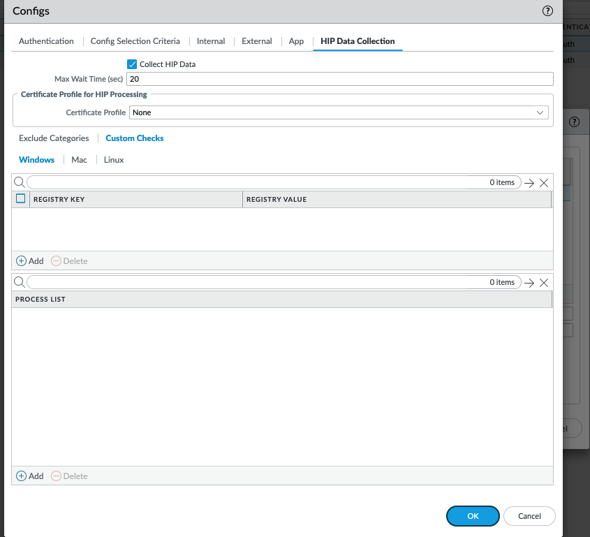 Snapshot displaying the GlobalProtect Portal HIP custom check dialog box within PAN-OS