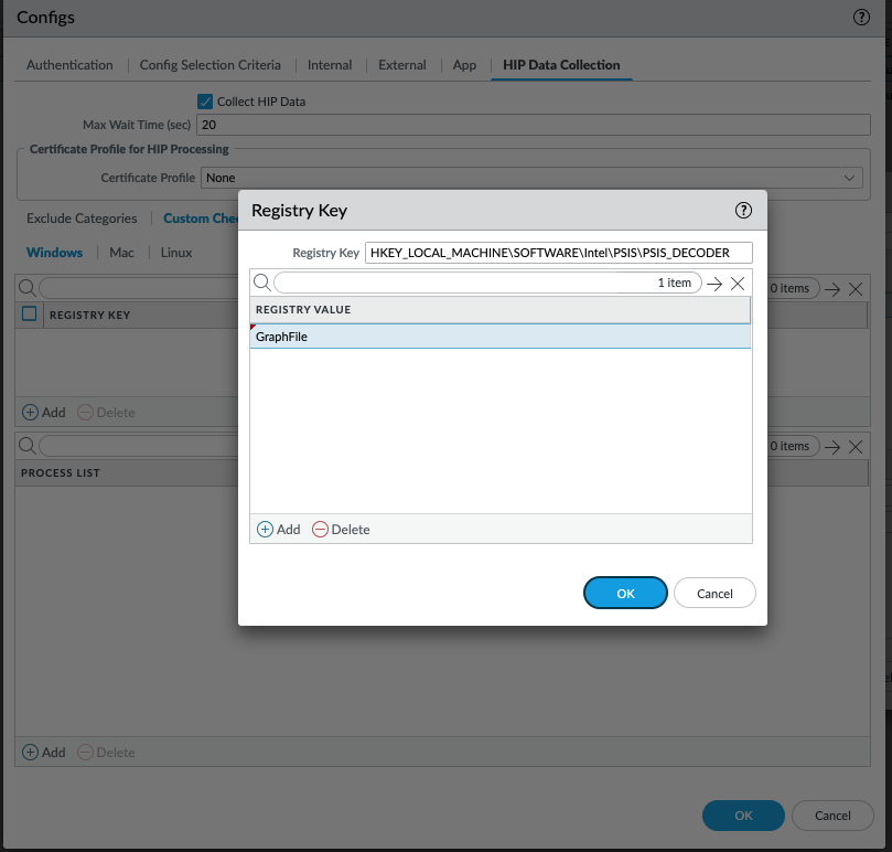Snapshot displaying the GlobalProtect Portal HIP custom check dialog box within PAN-OS