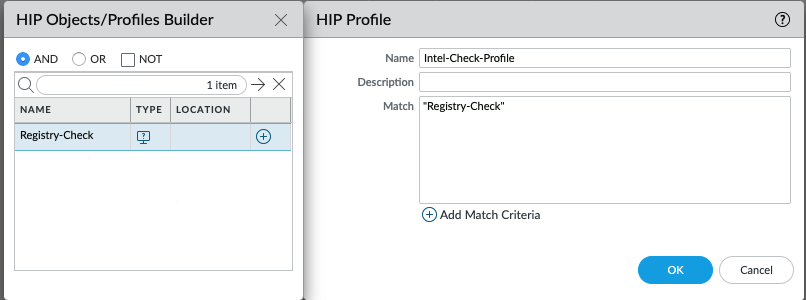 Snapshot displaying the HIP Profiles Dialog Box within PAN-OS